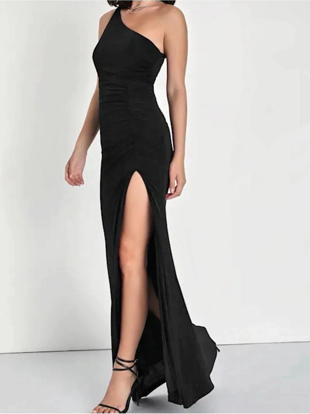 Lulus Karise Black Mesh Ruched Backless Maxi Dress Black Maxi One-Shoulder Dress